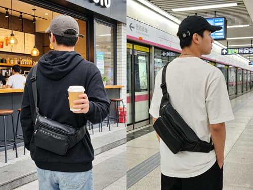 large 3 Pockets Leather Fanny Pack Travel Waist packs Waist Pack Suitable for Outdoor Mountaineering Travel Camping Cycling Running etc Fanny packs (Black) - color: Black 381 model