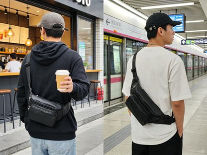 large 3 Pockets Leather Fanny Pack Travel Waist packs Waist Pack Suitable for Outdoor Mountaineering Travel Camping Cycling Running etc Fanny packs (Black) - color: Black 381 model
