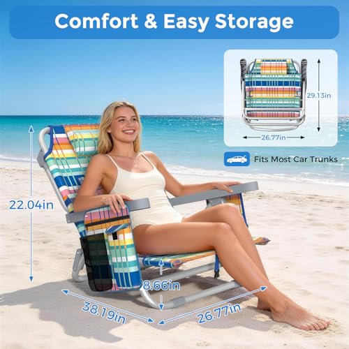 5-Position Backpack Beach Chairs for Adults, Foldable Heavy-Duty Beach Chair with Lumbar,Cooler Bag,Cup Holder,Towel Rack for Beach, Camping, Outdoor(2Pack)