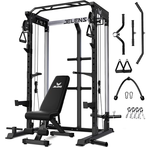 JELENS C21 Power Cage, 2000LBS Multi-Function Power Rack with Independent Dual Pulley System, All-in-One Squat Rack for Cable Crossover, Home Gym Workout Machine - color: Black, size: Weight Bench Package