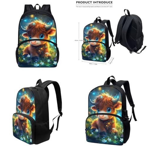 Cute Highland Cow Backpack for Girls Kids Backpack with Lunch Box Water Bottle Holder with Strap and Pencil Case Pouch 4Pcs Set 17" Bookbag with Large Front Pocket Sturdy Elementary School Bag - color: Cute Highland Cow-1