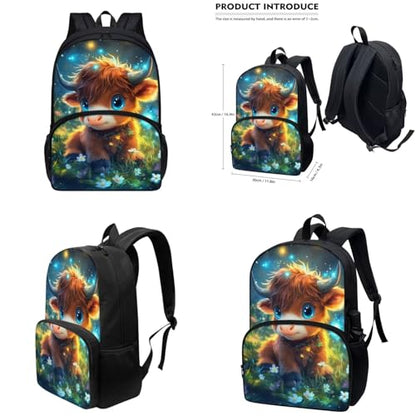 Cute Highland Cow Backpack for Girls Kids Backpack with Lunch Box Water Bottle Holder with Strap and Pencil Case Pouch 4Pcs Set 17" Bookbag with Large Front Pocket Sturdy Elementary School Bag - color: Cute Highland Cow-1