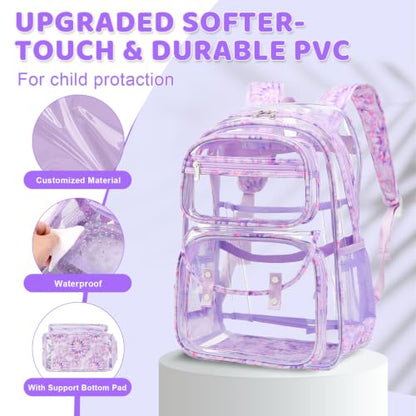 ACESAK Clear Backpack for Girls - 3 Pcs Clear Backpack Heavy Duty with Lunch Bag - See Through Bookbag Stadium Approved for Kids Middle High College School(Purple) - color: Purple