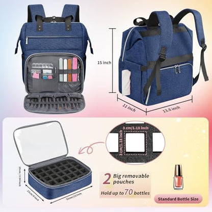 LTINVECK Nail Polish Organizer Case Backpack Holds 70 Bottles (15ml/0.5fl.oz)& Nail Lamp, 2 Layers Detachable Nail Kit Storage Case, Large Travel Nail Supplies Shoulder Bag for Manicure Tools (Blue) - color: Blue