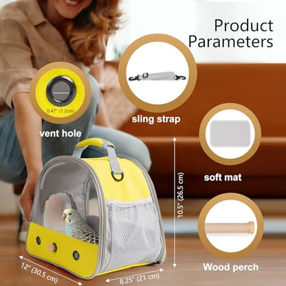 Bird Carrier, Portable Small Bird Parrot Parakeet Carrier with Standing Perch and Stainless Steel Tray, Side Access Window Collapsible (Yellow, Clear Windows) - color: Yellow