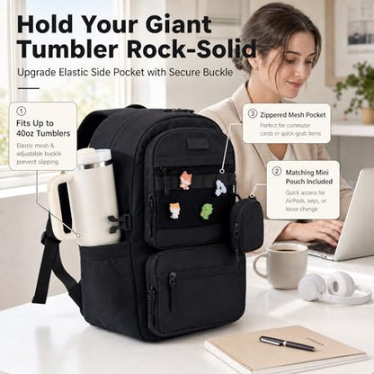 LOVEVOOK Laptop Backpack, 15.6" Carry On Airline Approved, Personal Item Bag Meets FAA Size, Trolley Sleeve Slides Over Suitcase, Waterproof Daypack for Travel College with Mini Pouch - color: Black, size: 15.6 Inch