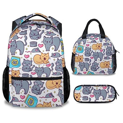Cat Backpack with Lunch Box and Pencil Case, 16 Inch Cat Theme Bookbag with Adjustable Straps, Durable, Lightweight, Large Capacity, School Backpack for Girls Women - color: Color-1-2