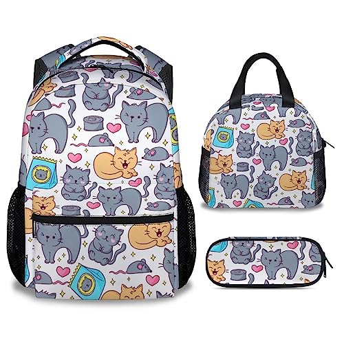 Cat Backpack with Lunch Box and Pencil Case, 16 Inch Cat Theme Bookbag with Adjustable Straps, Durable, Lightweight, Large Capacity, School Backpack for Girls Women - color: Color-1-2