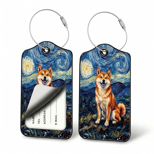 Shiba Inu Dog Luggage Tags for Suitcases, 2 Pack PU Leather Bag ID Tags Set | Privacy flap hides address card, steel wire loop fits daily totes, pet bags, mini duffels, dog-park trips and city day trips - color: Shiba Inu