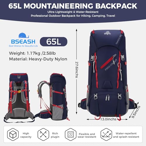 Bseash 65L Waterproof Hiking Camping Backpack with Rain Cover, Outdoor Sport Travel Daypack for Climbing Touring (Navy Blue) - color: Navy Blue