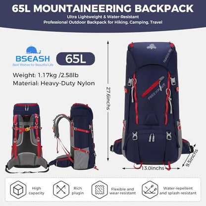 Bseash 65L Waterproof Hiking Camping Backpack with Rain Cover, Outdoor Sport Travel Daypack for Climbing Touring (Navy Blue) - color: Navy Blue