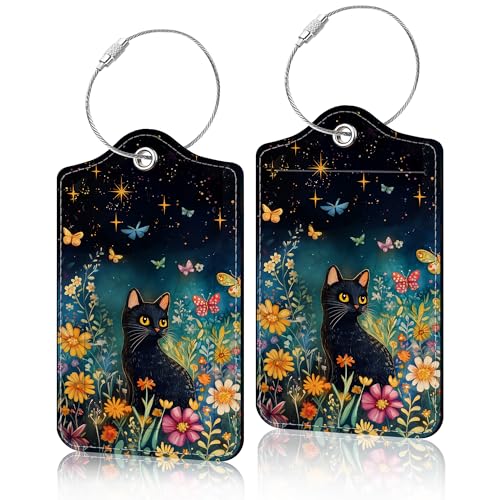 2 Pack Luggage Tag for Suitcase, Cute Unique Leather Suitcase Tags Identifiers with Privacy Name Address Labels & Durable Steel Loop for Women Men Travel - color: Black Cat 2