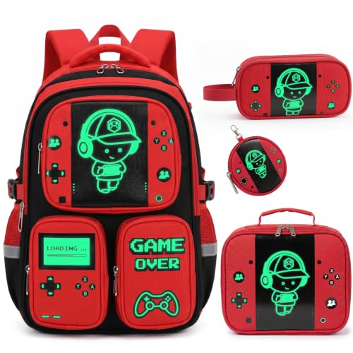 Boys Backpack, Luminous Gamer Backpack for Boys with Lunch Box,Pencil Case and Coin Puese,Kids Schoolbag Bookbag for Teen Boy Elementary Middle High School Travel(Black-Red) - color: Black-red