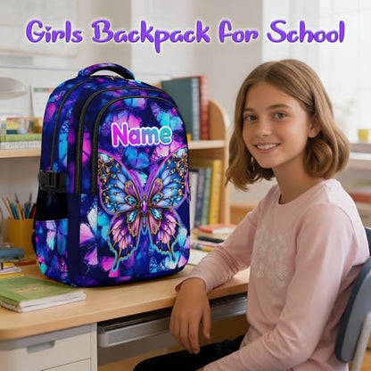 Backpack for School Custom Butterfly Backpacks for Kids Back to School, 17 Inch Glitter Bookbag with Name for Travel Picnic - color: Purple2