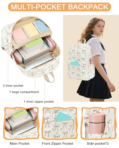 LOIDOU Backpack for Teen Girls Bookbags School Backpack with Lunch Box and Pencil Case 3 in 1 School Bags Set - color: Bow Tie Brown Beige