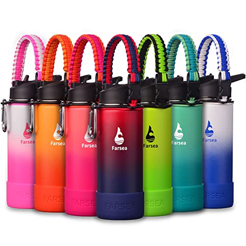 Farsea Insulated Water Bottle With Paracord Handle, Protective Silicone Boot and 2 Lids (Straw Lid & Spout Lid), Stainless Steel Water Bottle Wide Mouth, Double Wall Sweat-Proof BPA-Free, 18 oz - color: Red/Navy, size: 18 Ounces