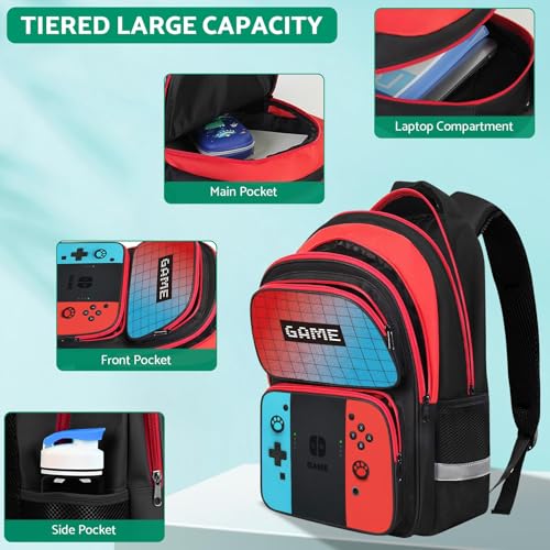 Kids Backpack For Boys，Gamer Boys Backpack For Children Teens Elementary Middle School, 17″ Students Bookbag - color: Backpack-sw-red & Blue