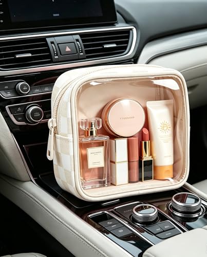 Clear Checkered Makeup Bag, Small Cosmetic Pouch with Zipper Mini Waterproof Makeup Purse Organizer Cute Cosmetic Bag Travel TSA Approved Toiletry Bag Car Organizer for Women Girls (Beige) - color: Beige