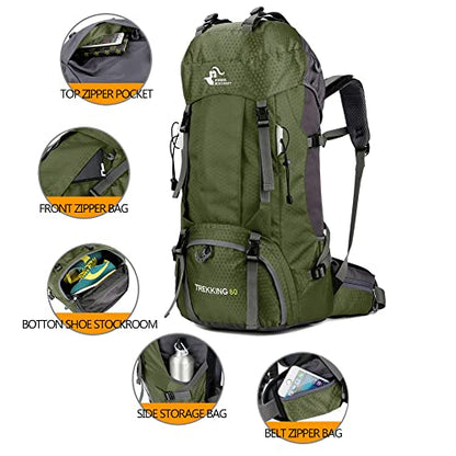 Bseash 60L Waterproof Hiking Camping Backpack with Rain Cover, Large Outdoor Sport Travel Daypack Rucksack for Climbing - color: Army Green