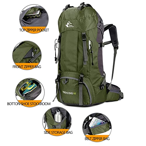 Bseash 60L Waterproof Hiking Camping Backpack with Rain Cover, Large Outdoor Sport Travel Daypack Rucksack for Climbing - color: Army Green