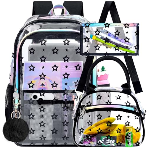 gxtvo 3PCS Girls See Through Bookbag Heavy-Duty Set for Women & Teen, 17" Black Clear School Backpack with Rainbow Strap, Cute Star Transparent Bag - color: Black Star Rainbow Clear Backpack Set