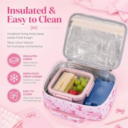 LEDAOU Kids Lunch Box - Insulated Reusable Lunch Box for Girls, Small Lightweight Water Resistant Snack Cooler Tote for Preschool, Kindergarten, School, Picnic and Hiking - color: Bow pink