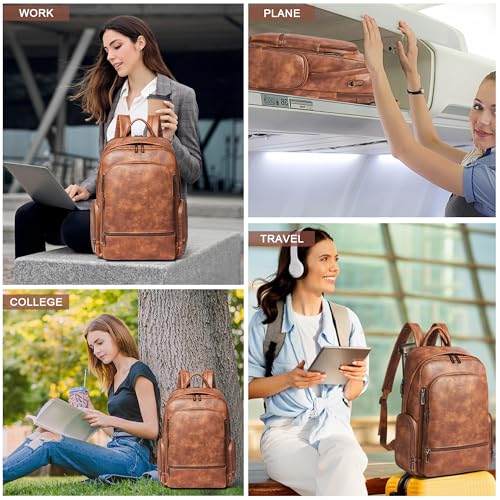 Leather Backpack for Women Men, Fits 16.0 Inch Laptop, Soft Vegan Leather Backpack for Travel and Daily Use, Brown - color: 1-1 Brown