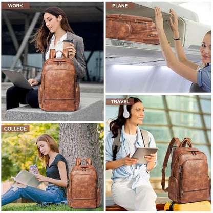 Leather Backpack for Women Men, Fits 16.0 Inch Laptop, Soft Vegan Leather Backpack for Travel and Daily Use, Brown - color: 1-1 Brown