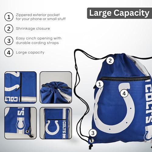 FOCO Indianapolis Colts NFL Drawstring Backpack with Zippered Pocket — Officially Licensed, Cordura Nylon - color: Indianapolis Colts