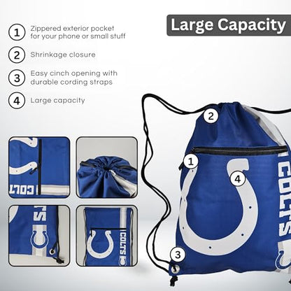 FOCO Indianapolis Colts NFL Drawstring Backpack with Zippered Pocket — Officially Licensed, Cordura Nylon - color: Indianapolis Colts