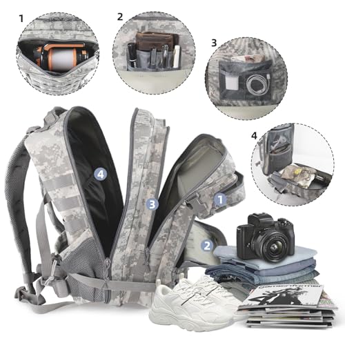 45L Grey Camo Military Tactical Backpack 3 Day Molle Assault Pack Large Army Bug Out Bag Rucksack Daypack for Men Outdoor Hiking Army Camping Hunting - color: Acu Camo