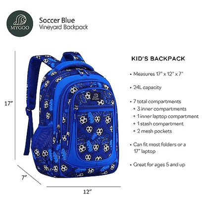 MYGOO Boys School Backpack Vineyard Soccer Blue Bookbag for Elementary Middle School Ages 5-12, 17 inch Large Capacity 24L Kids Student Travel Bags - color: Vineyard Soccer Blue