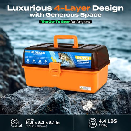 PLUSINNO Large 4-Layer Tackle Box with Tackle Included, 547Pcs Fishing Lures Kit - Pliers, Crankbait, Hooks, Weights & Accessories - Freshwater Bass Fishing Bait Lure Gear and Equipment, Gift for Men