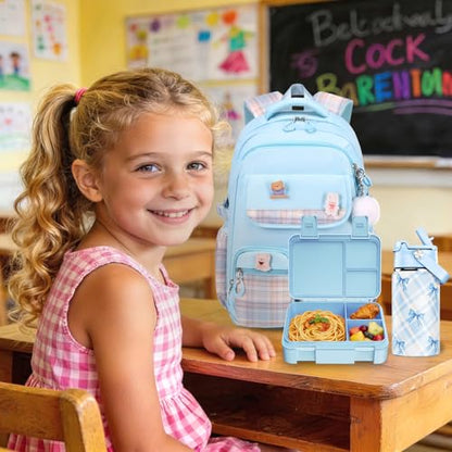 ACESAK 5PCS Backpack for Girls with Bento Box & 14oz Insulated Water Bottle - Cute School Girls Backpacks for Elementary Preschool Middle with Lunch Bag & Pencial Case, Back To School Gift (Blue) - color: Blue