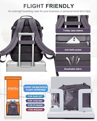 BJLFS Large Travel Backpack for Women Men,Carry On Backpack,Hiking Backpack Waterproof Outdoor Sports Rucksack Casual Work Gym Weekender Daypack Travel Essentials（simple, Purple）