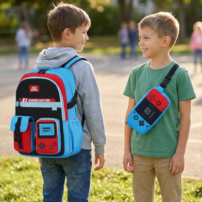 TILYTADLY 2‑IN‑1 School Backpack for Boys - Gamer Backpack for Boys with Waist Bag, 18″ Large Capacity Students Bag for Kids Children Teens Elementary Middle School - color: Red-blue Backpack Only