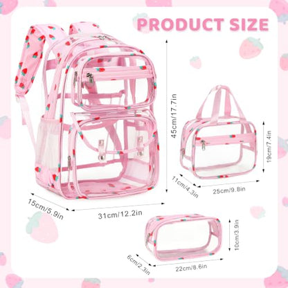 ACESAK Clear Backpack for Girls - 3 Pcs Clear Backpack Heavy Duty with Lunch Bag - See Through Bookbag Stadium Approved for Kids Middle High College School(Pink Strawberry) - color: Pink Strawberry