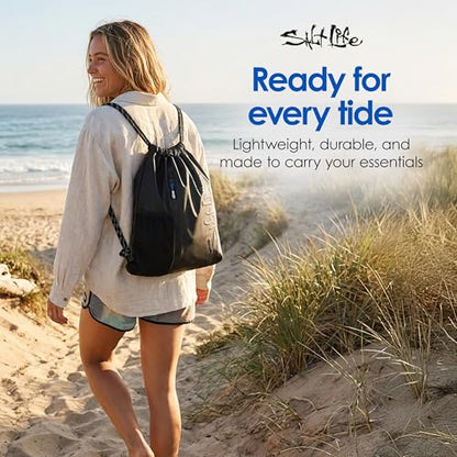 Salt Life Drawstring Backpack for Men and Women - Small Draw String Cinch Gym Bag with Water Bottle Pocket and Zipper Pocket - color: Black
