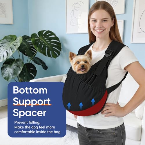 Supet Dog Sling Carrier, Hands Free Adjustable Puppy Pouch Carrier, Soft Wearable Pet Front Bag for Dachshund & Teacup Dogs, Anti-Anxiety Chest Carrier with Back Pain Relief (Black, Regular) - color: Black, size: Regular ( 4 - 14Lbs )