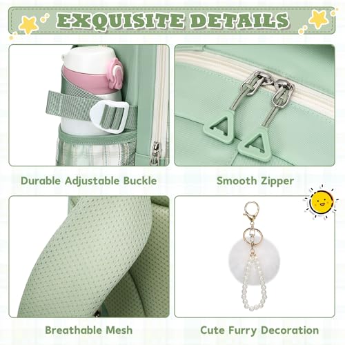 MUSEVOS Girls Backpack, Elementary Middle School Backpack, Large Capacity Kids Bookbag - color: Green/Gold Thread