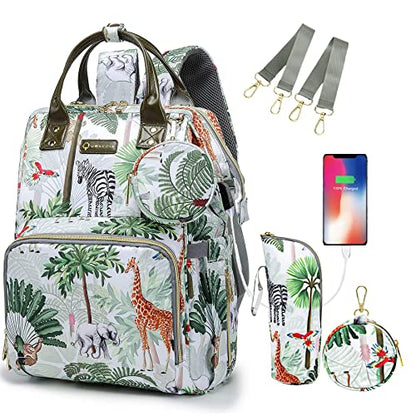 Tropical Rainforest Diaper Bag Backpack,Animal Nappy Backpack with Coin Bag USB Charging Port Stroller Straps and Insulated Pocket For Women/Mom/Travel (Animal Pattern) - color: White
