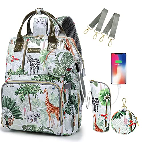 Tropical Rainforest Diaper Bag Backpack,Animal Nappy Backpack with Coin Bag USB Charging Port Stroller Straps and Insulated Pocket For Women/Mom/Travel (Animal Pattern) - color: White