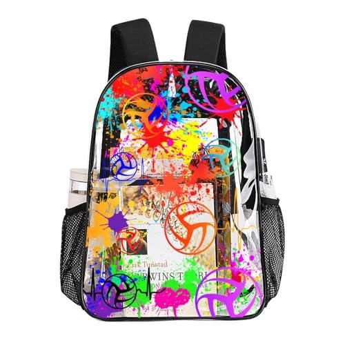 Volleyball Clear Backpack Heavy Duty for Girls Kids Boys Women | Large Cool PVC Volleyball Theme Printing Transparent Backpacks for Schools Stadium Concerts Work - Clear/Black - color: Volleyball Clear Backpack 1 Black