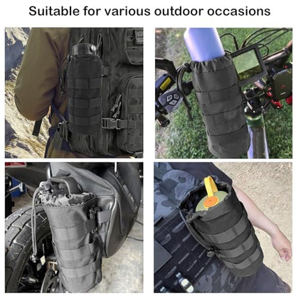 Tactical MOLLE Water Bottle Holder, Upgraded Water Bottle Pouch with Drawstring Open Top & Mesh Bottom, 16/24/25/32oz Water Bottle Carrier Bag with D-Ring Hook for Backpack - color: Black