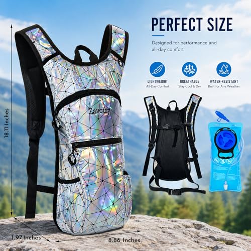 Zavothy Rave Hydration Backpack with 3L Bladder, Colorful Festival Hydration Pack with Side Pockets, Lightweight Water Backpack for EDM, Music Festivals, Hiking & Cycling - color: Silver