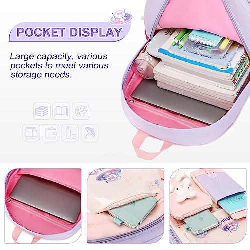 FIXITOK Girls Backpack Set, 3PCS Kids Backpack for Girls, Kawaii Bunny School Backpacks for Girl Kindergarten Elementary Preschool Middle School Bags with Lunch Box Pencil Case Purple - color: Purple
