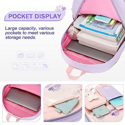 FIXITOK Girls Backpack Set, 3PCS Kids Backpack for Girls, Kawaii Bunny School Backpacks for Girl Kindergarten Elementary Preschool Middle School Bags with Lunch Box Pencil Case Purple - color: Purple