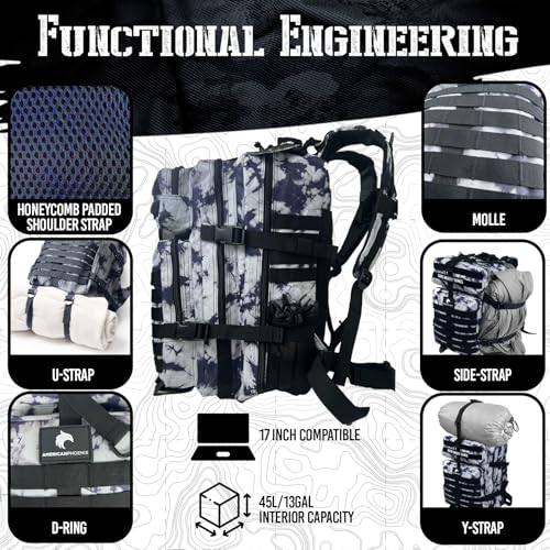 AMERICANPHOENIX 45L Elite Tactical Backpack | 3X Stronger Work & Military Backpack | Water Resistant and Heavy Duty | 3 Day MOLLE Bug Out Bag (Black Ice) - color: Black Ice
