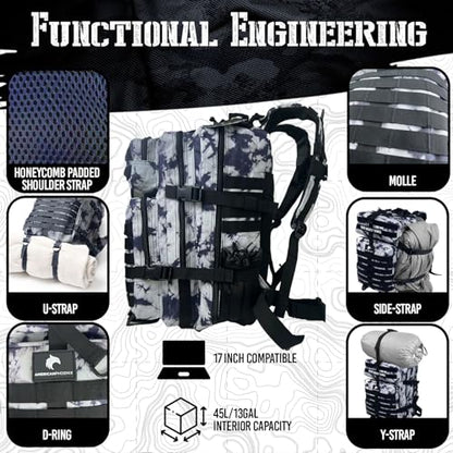 AMERICANPHOENIX 45L Elite Tactical Backpack | 3X Stronger Work & Military Backpack | Water Resistant and Heavy Duty | 3 Day MOLLE Bug Out Bag (Black Ice) - color: Black Ice