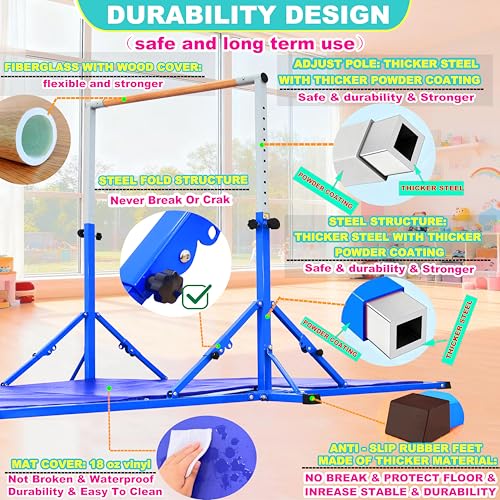 Marfula Gymnastic Bar For Kid and Teenage of 3-25, 5Ft/8 FT Base Length 4Ft Width 5Ft Adjust Height, Gymnastic Kip Bar For Gymnast, Gymnastic Training Equipment For Professional Training Home Club Use - color: Blue (Bar with Mat - 8 Ft Base)